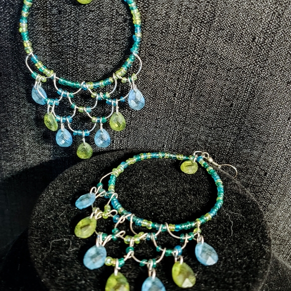 Blue and Green Gem Dangle Hoop Earrings - Picture 3 of 4